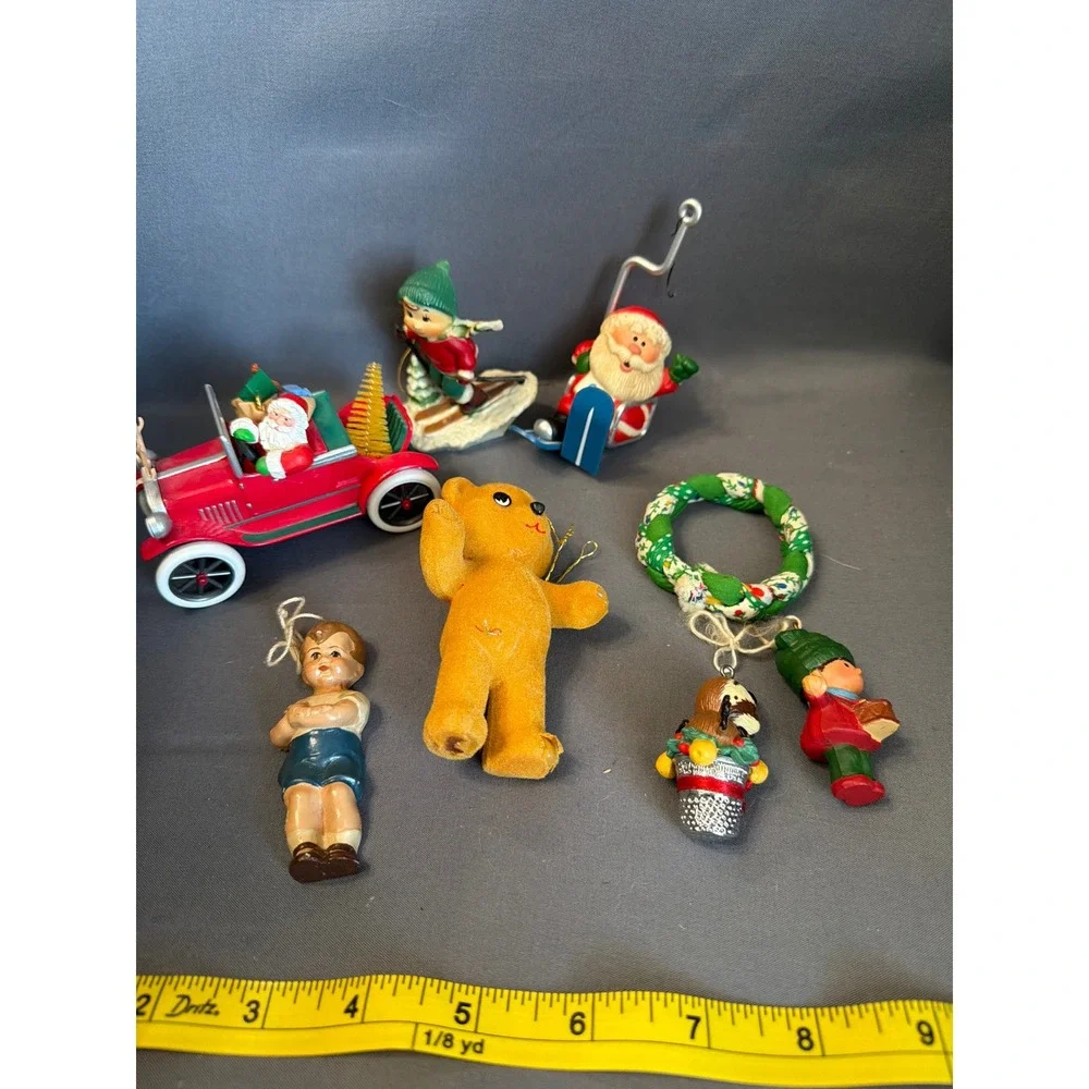 Vintage Christmas Ornament Lot Santa in Car Skiing Elf Ike Sandy Spillman Bear